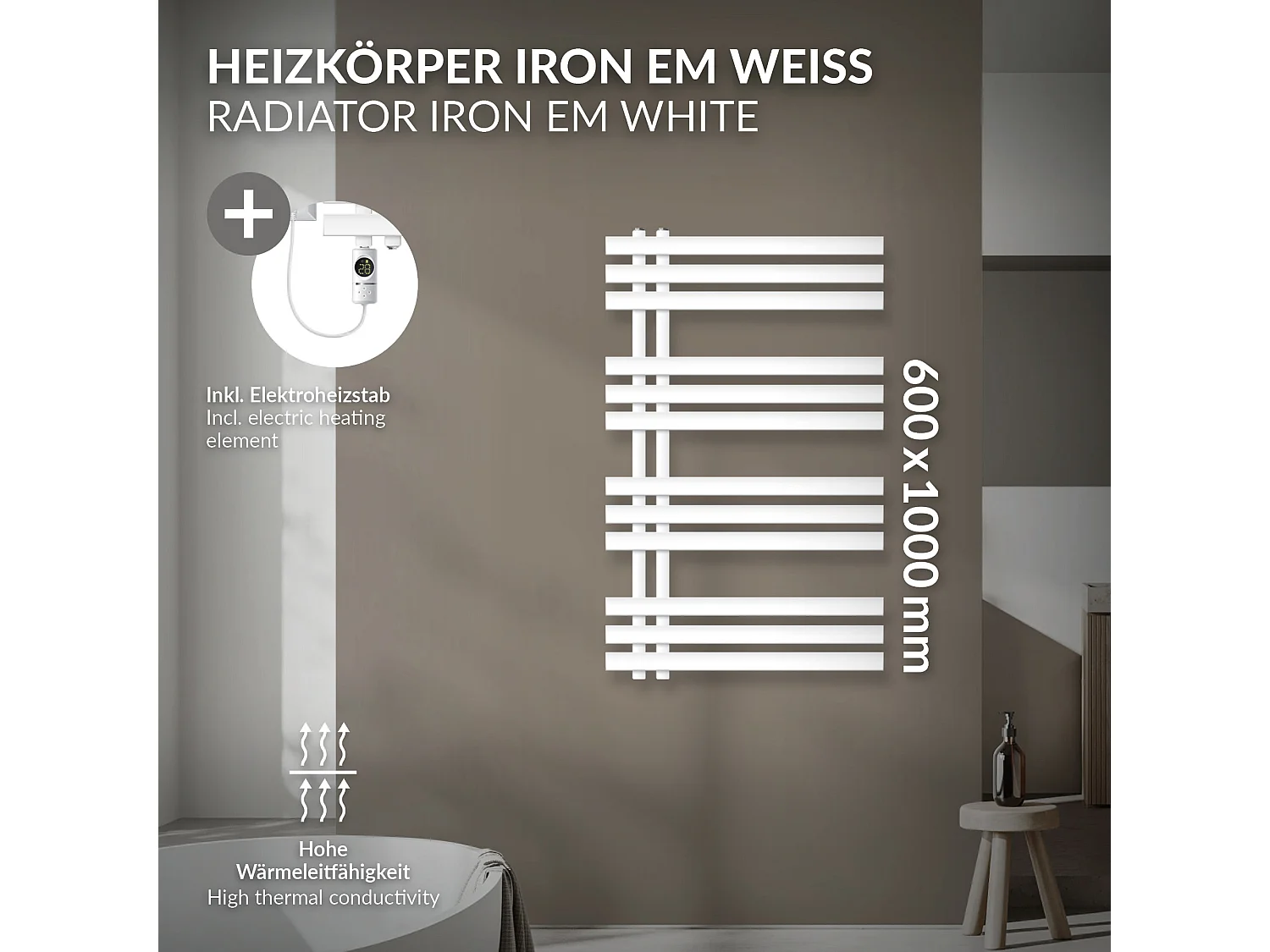 Iron EM radiateur sèche-serviettes blanc 60x100 cm avec élément chauffant 600W