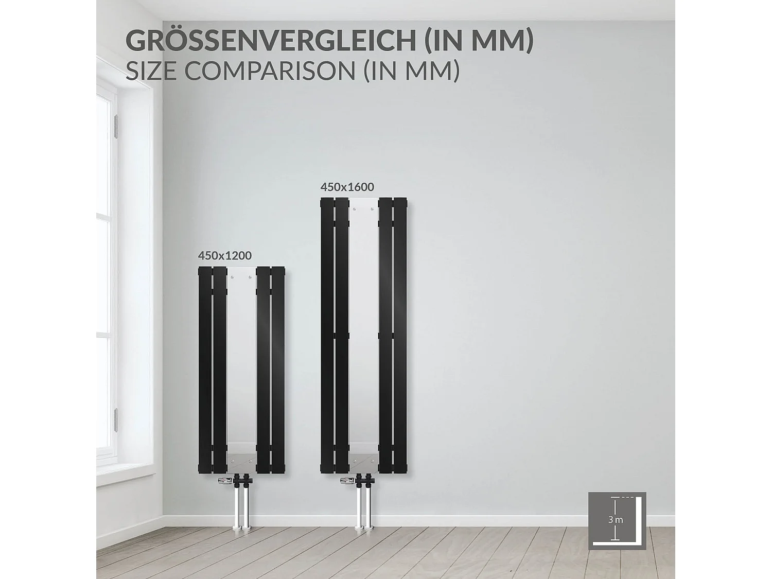 Radiateur plat vertical noir 45x120 cm + miroir et kit raccordement universel