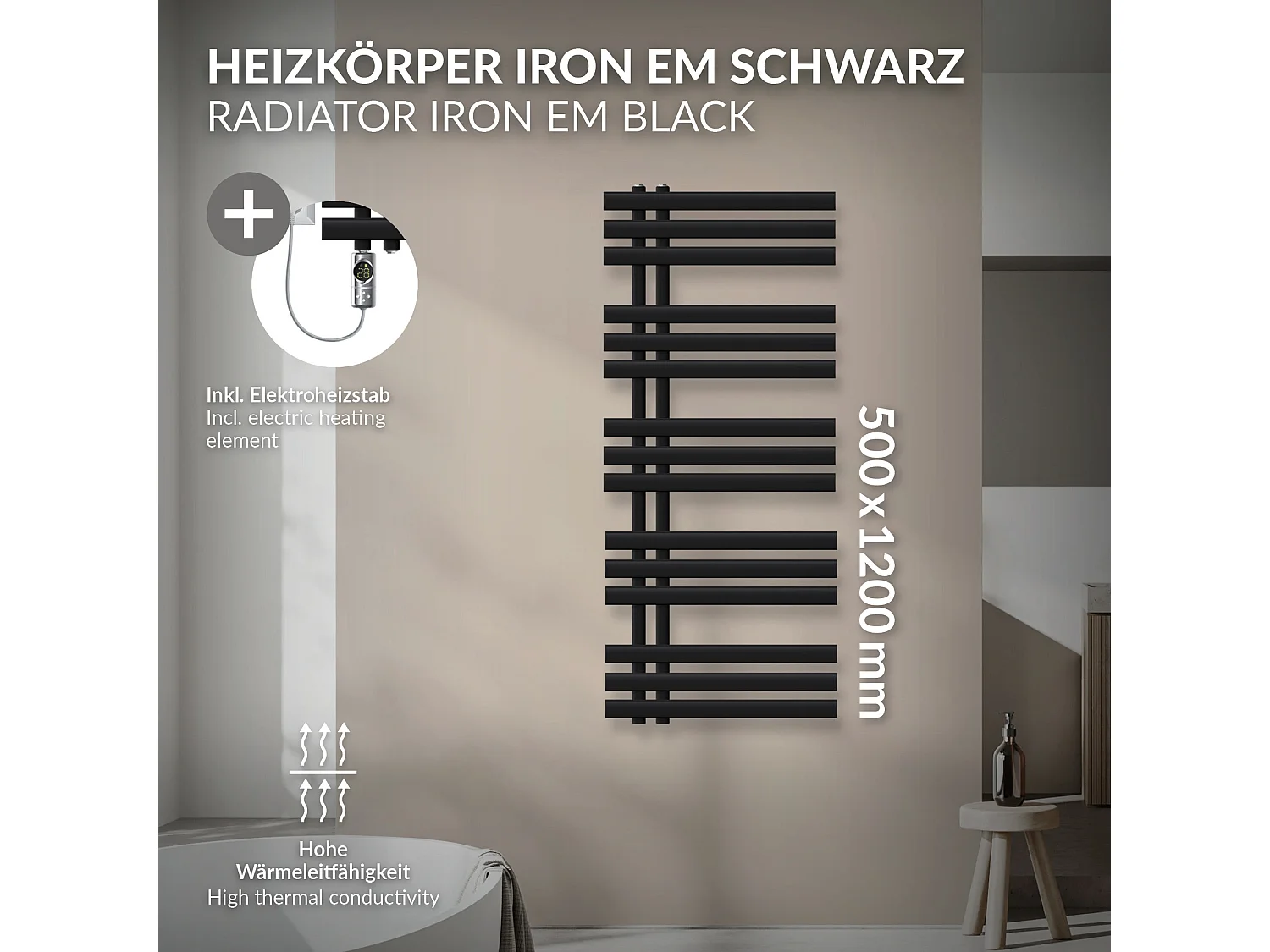 Radiateur de salle de bain acier noir mat 50x120cm avec élément chauffant 900W
