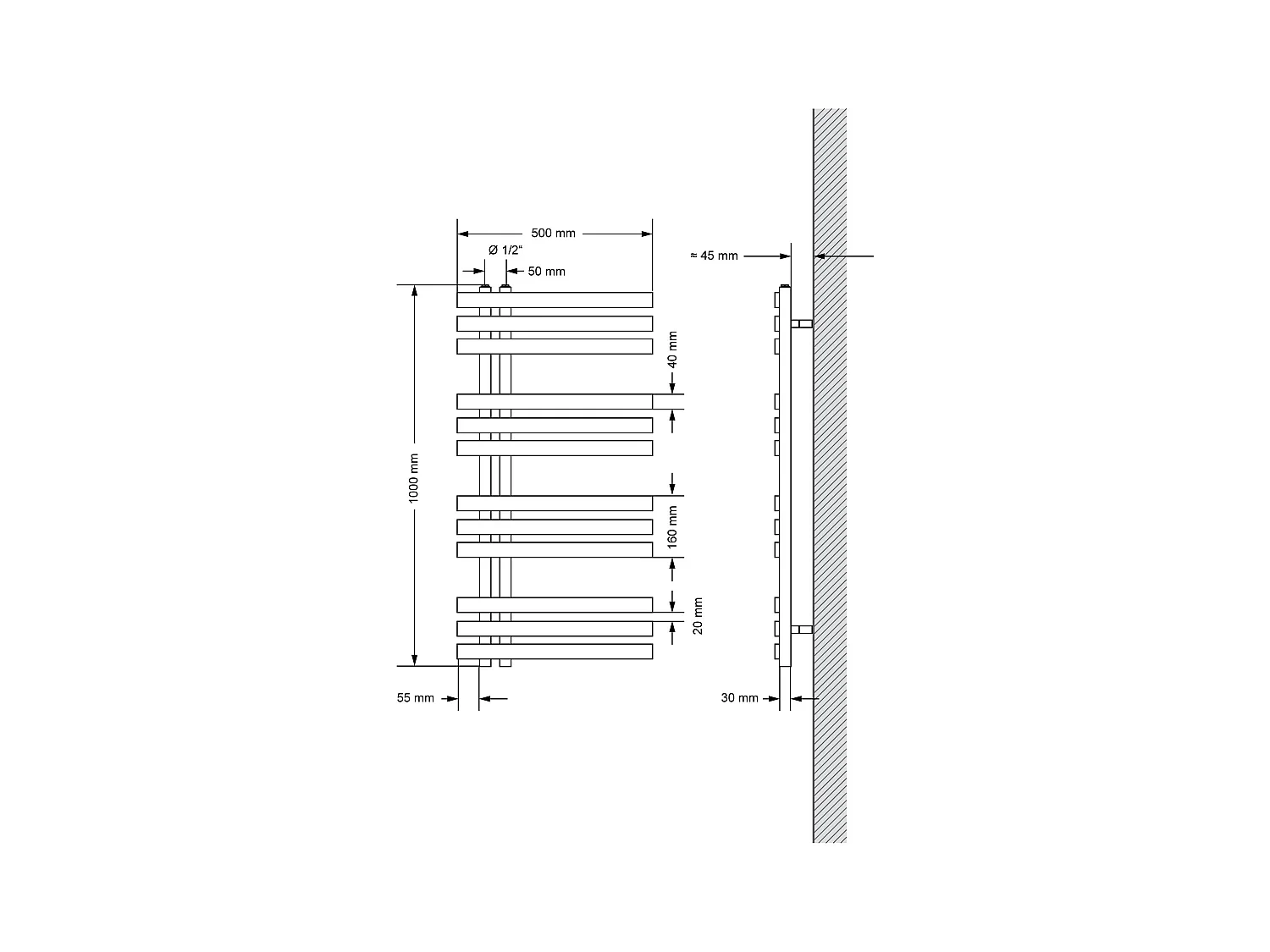 Radiateur salle de bain Iron EM 500x1000 mm avec garniture chrome raccord au sol