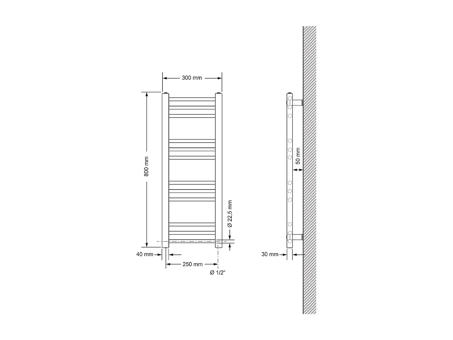 LuxeBath Radiateur Électrique de Salle de Bain Sahara 300x800 mm Blanc Raccord Latéral Droit Elément Chauffant 600W