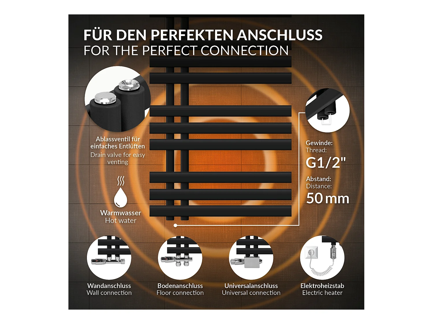 Radiateur sèche-serviettes de salle de bain noir 50x140 cm avec résistance 1200W