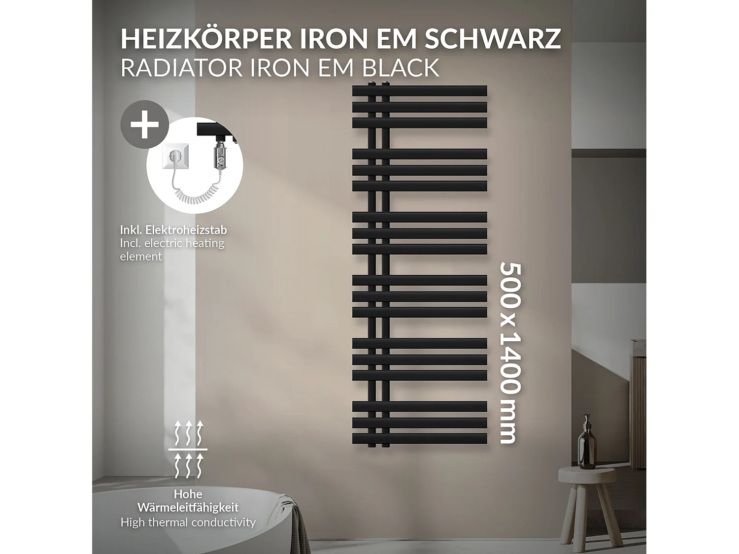 Radiatore elettrico Iron EM calorifero bagno da muro nero opaco 60x140 cm 1200W