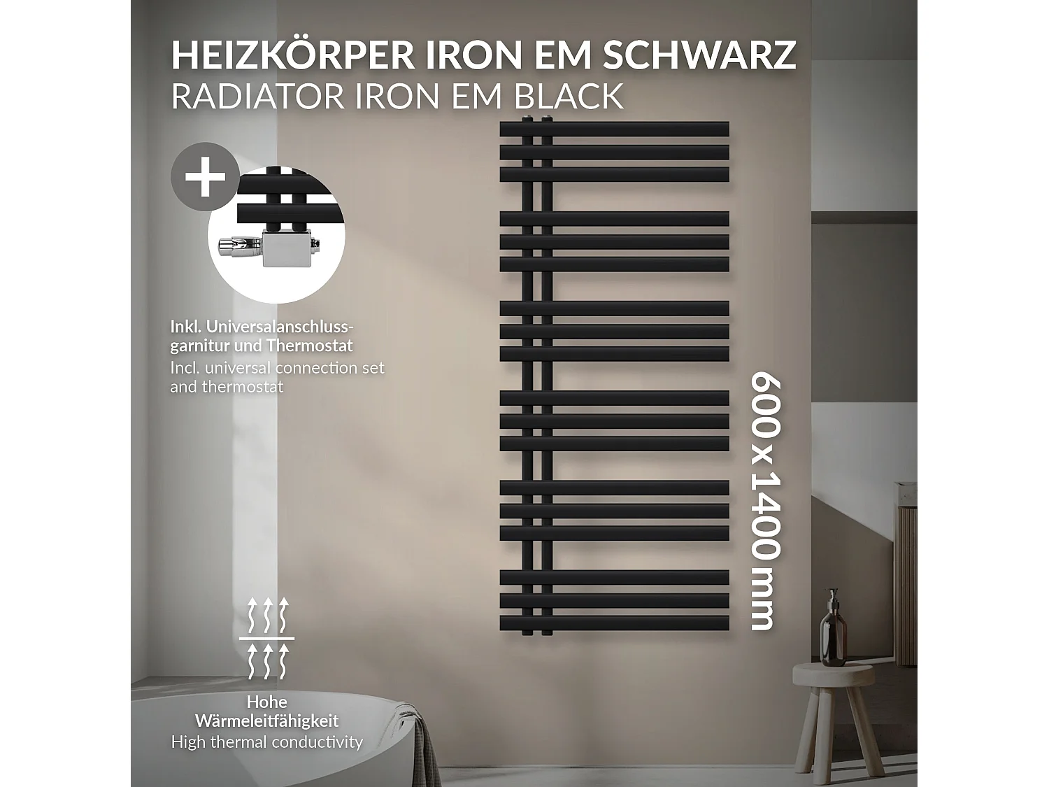 Iron EM Radiateur sèche-serviettes salle de bain en acier noir mat 600x1400 mm