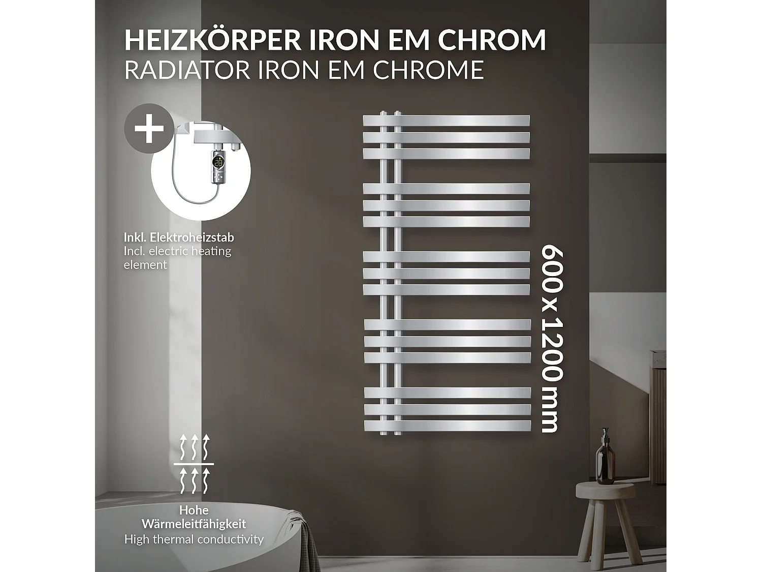 Radiateur de salle de bain acier chrome 60x120 cm avec élément chauffant 900W