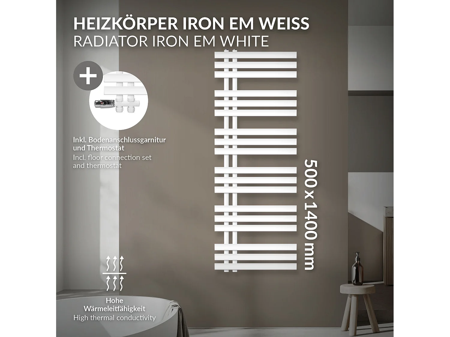 Radiador de panel blanco para baño 500x1400mm con conexión central al suelo