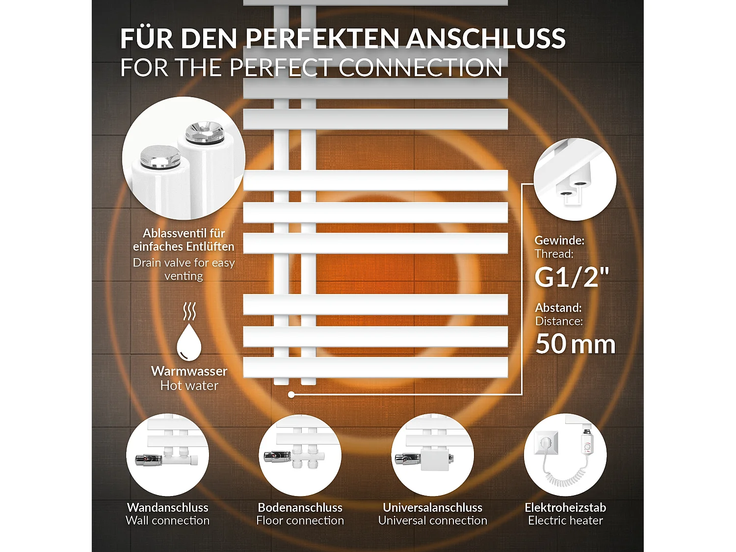 Radiateur de salle de bain sèche-serviette blanc raccordement au sol 50x140 cm