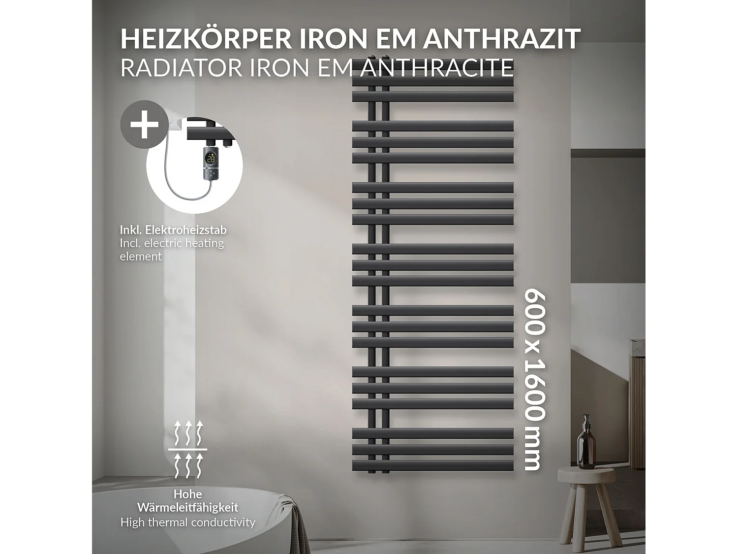 Radiador toallero eléctrico antracita 600 x 1600 mm con elemento calefactor 900W