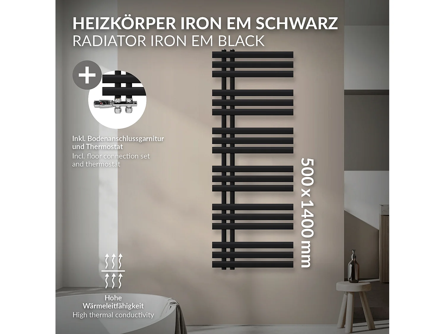 Iron EM Radiateur sèche-serviettes salle de bain en acier noir mat 500x1400 mm