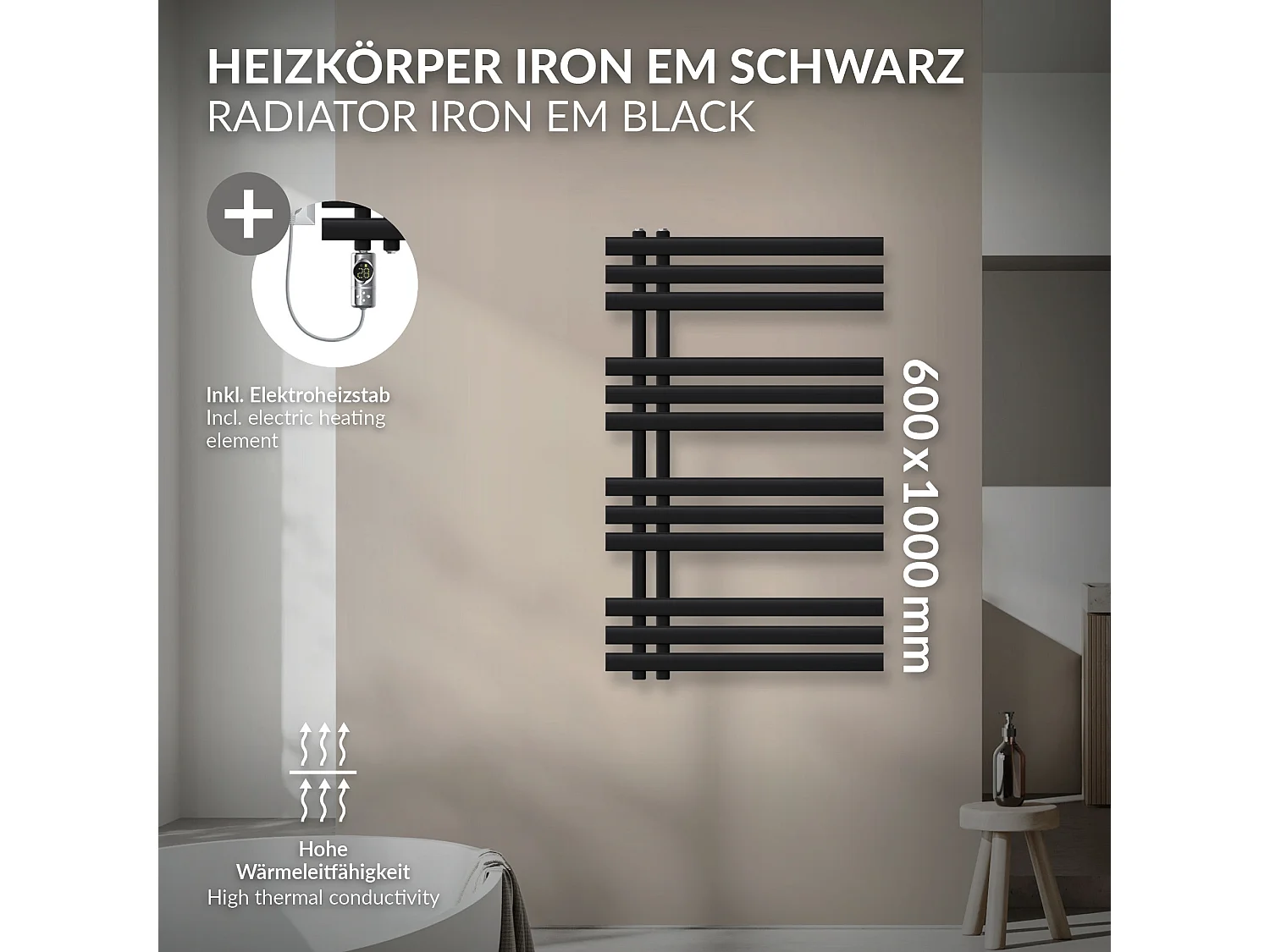 Iron EM radiateur sèche-serviettes noir mat  60x100 cm élément chauffant 600W