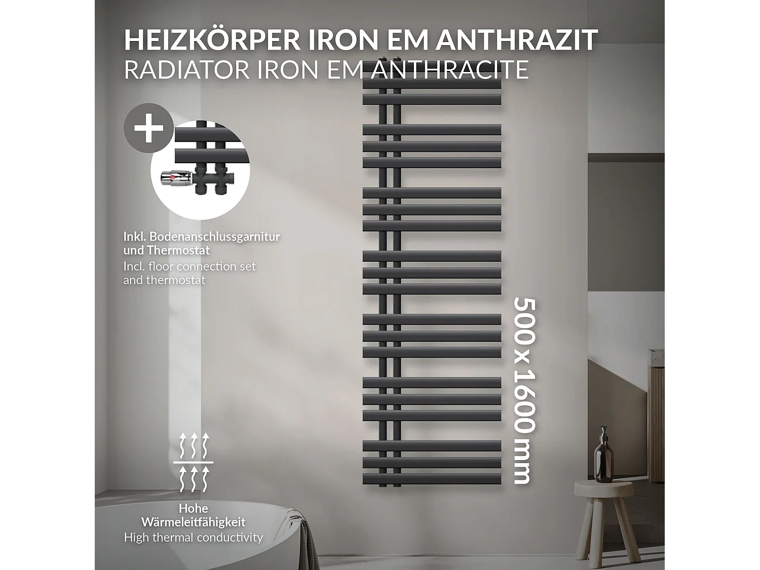 Radiatore Iron EM calorifero termosifone antracite raccordo a pavimento 50x160cm