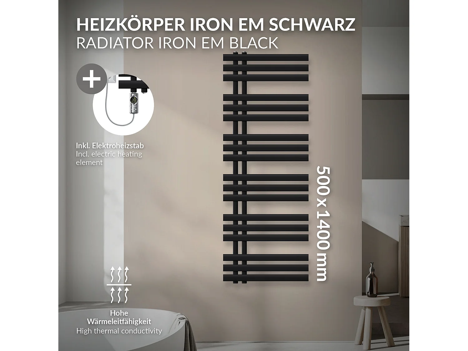 Radiateur de salle de bain acier noir mat 50x140cm avec élément chauffant 900W