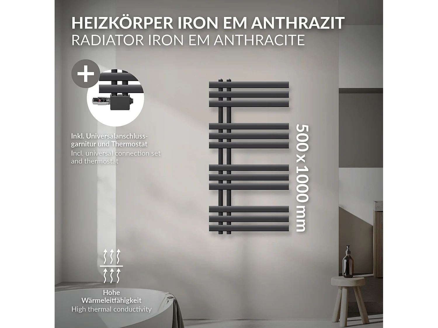 Radiateur de salle de bain Iron EM 500x1000mm anthracite raccord mural+garniture