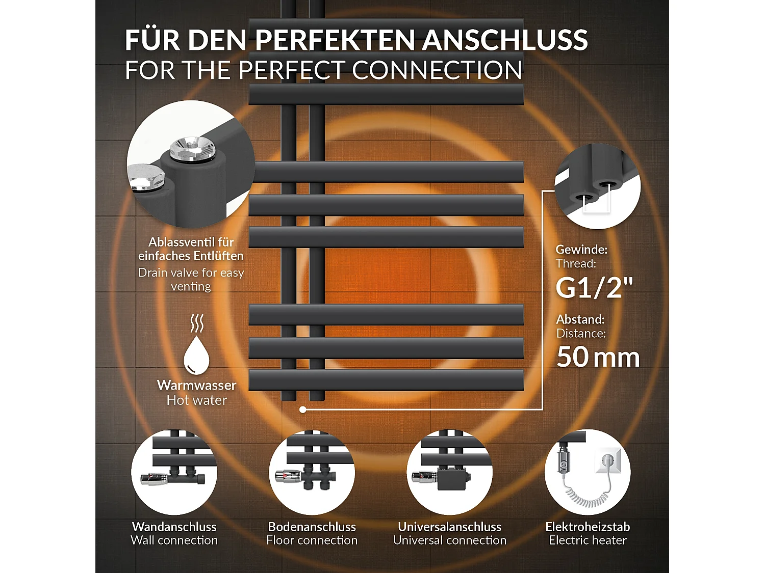Radiateur de salle de bain Iron EM 500x1000mm anthracite raccord mural+garniture