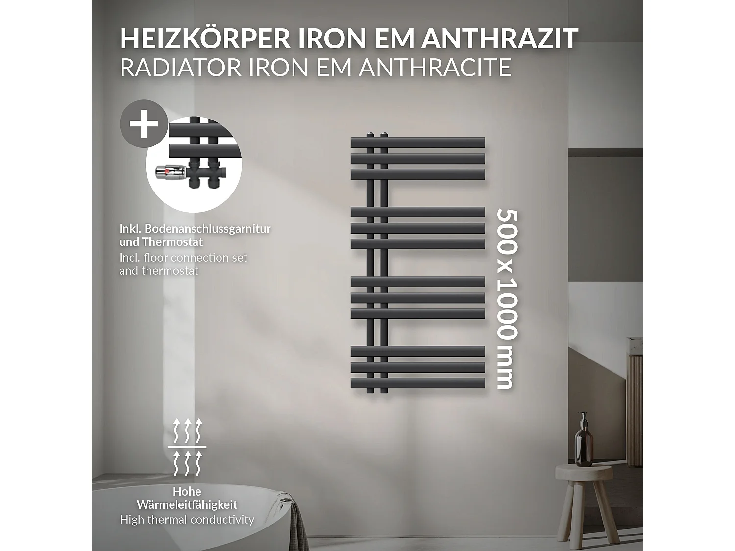 Radiatore Iron EM antracite 500x1000 mm con termostato attraverso il pavimento