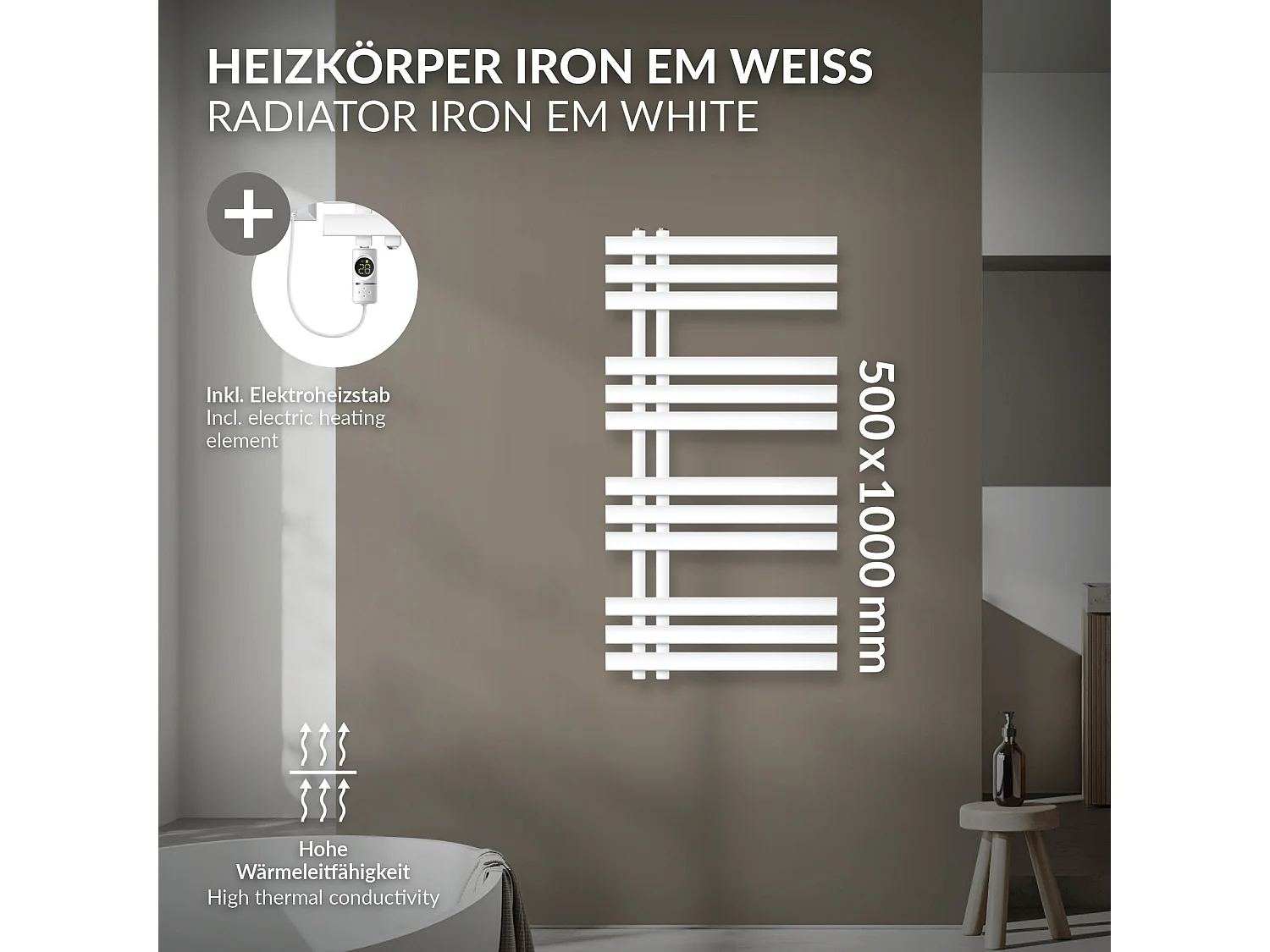 Iron EM radiateur sèche-serviettes blanc 50x100 cm avec élément chauffant 600W
