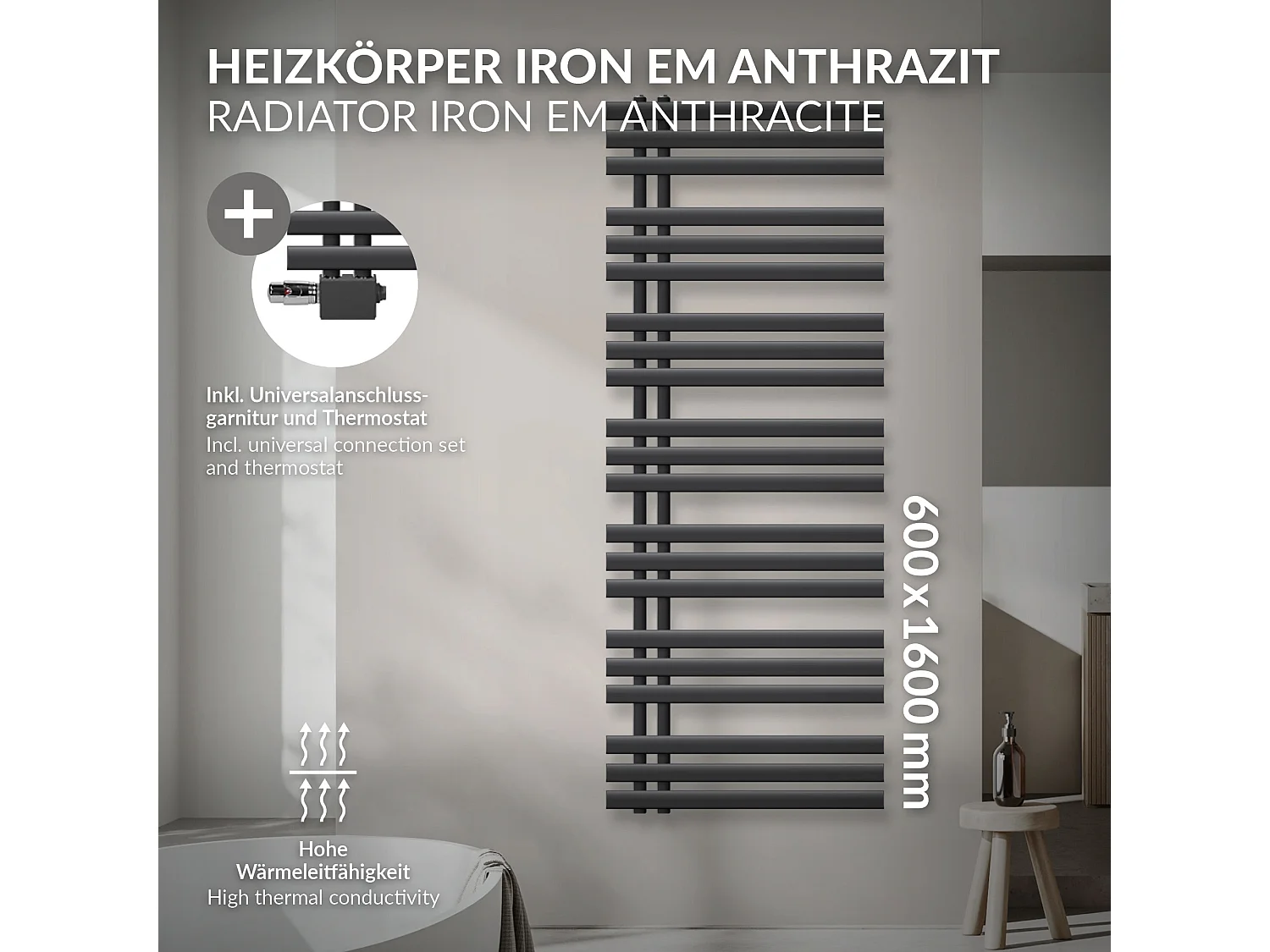 Radiateur sèche-serviettes anthracite raccordement universel 600 x 1600 mm