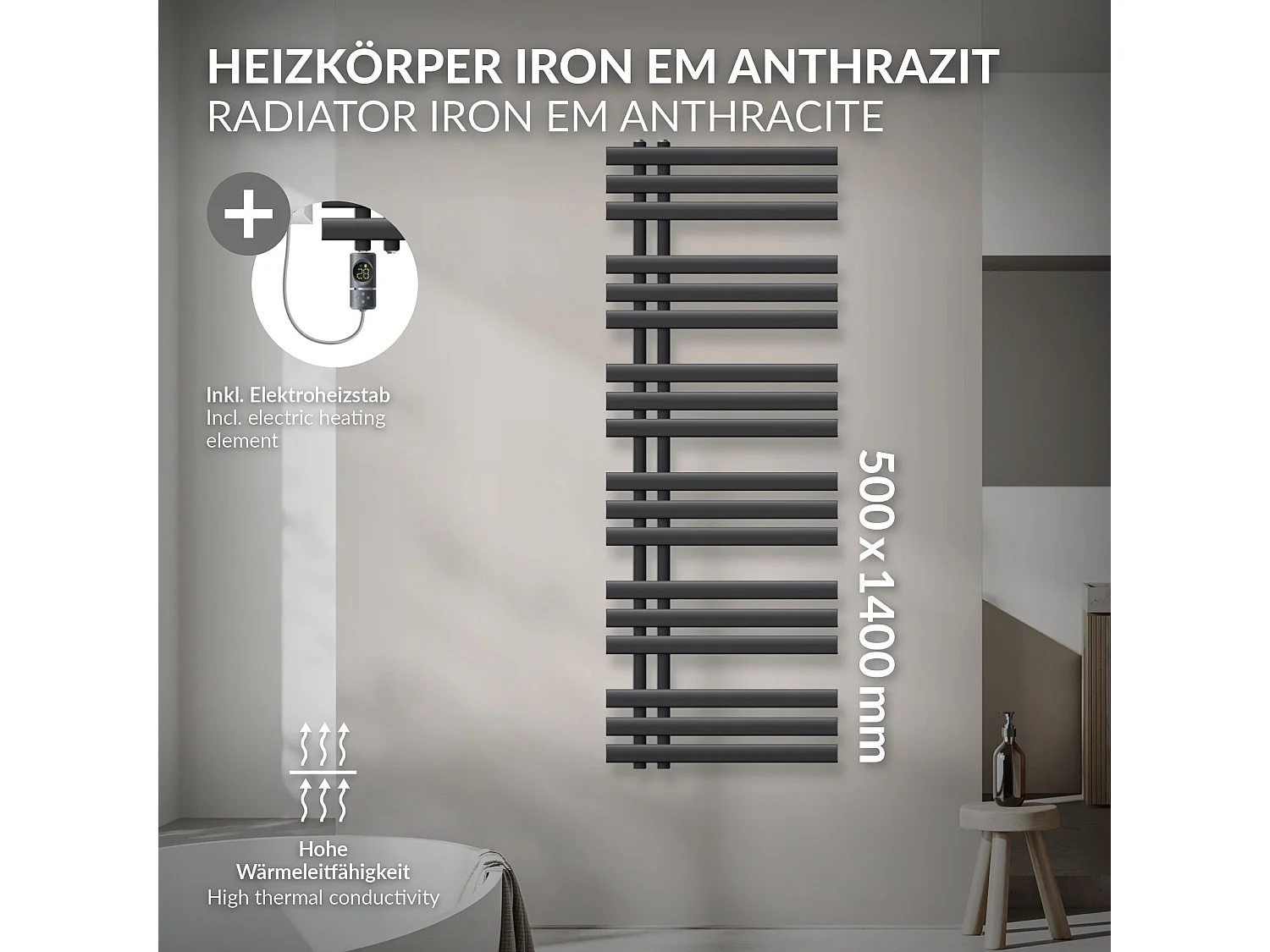 Radiatore Iron EM per asciugamani antracite 50x140 cm elemento riscaldante 900W