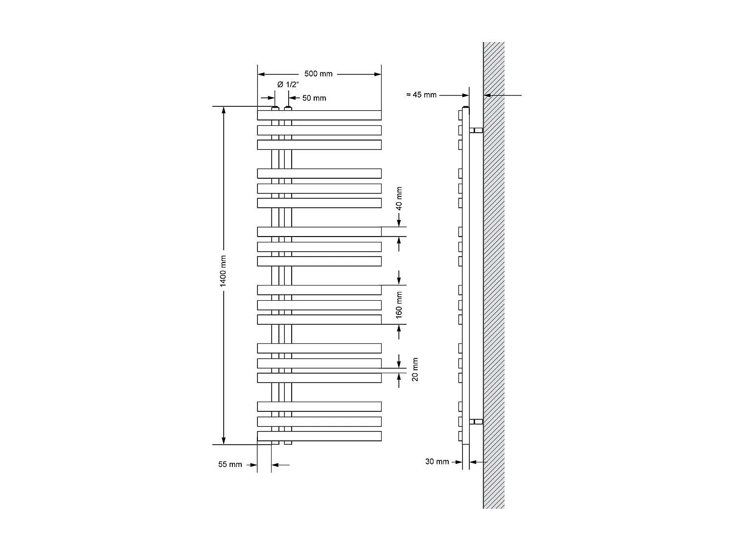 Radiateur salle de bain acier anthracite  50x140cm avec élément chauffant 900W