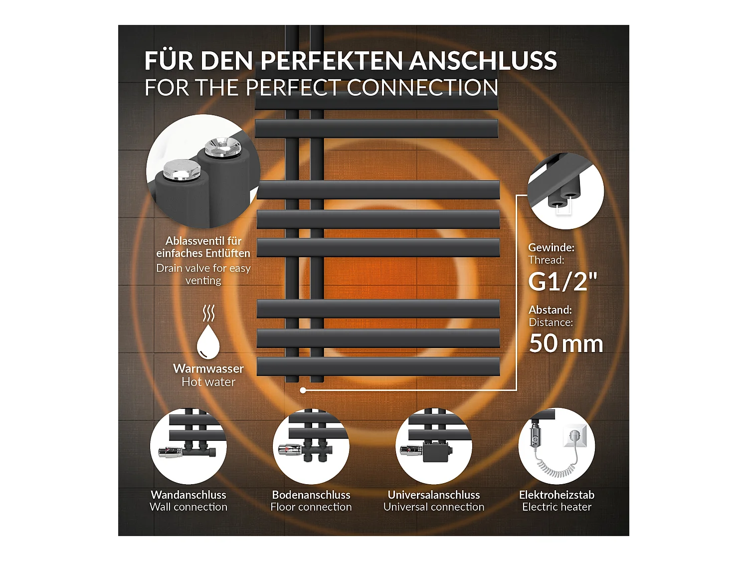 Radiateur sèche-serviettes anthracite raccordement universel 600 x 1200 mm