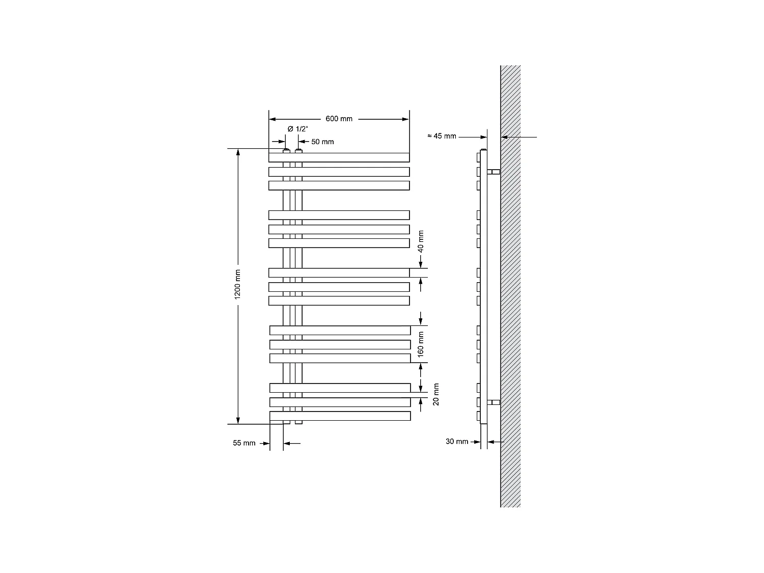 Radiateur sèche-serviettes anthracite raccordement universel 600 x 1200 mm
