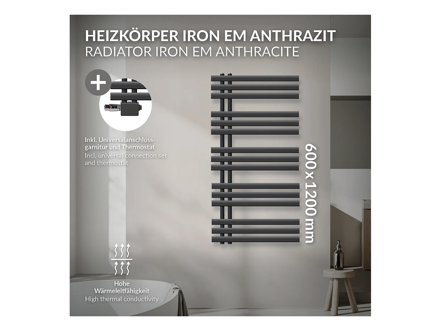 Radiateur sèche-serviettes anthracite raccordement universel 600 x 1200 mm