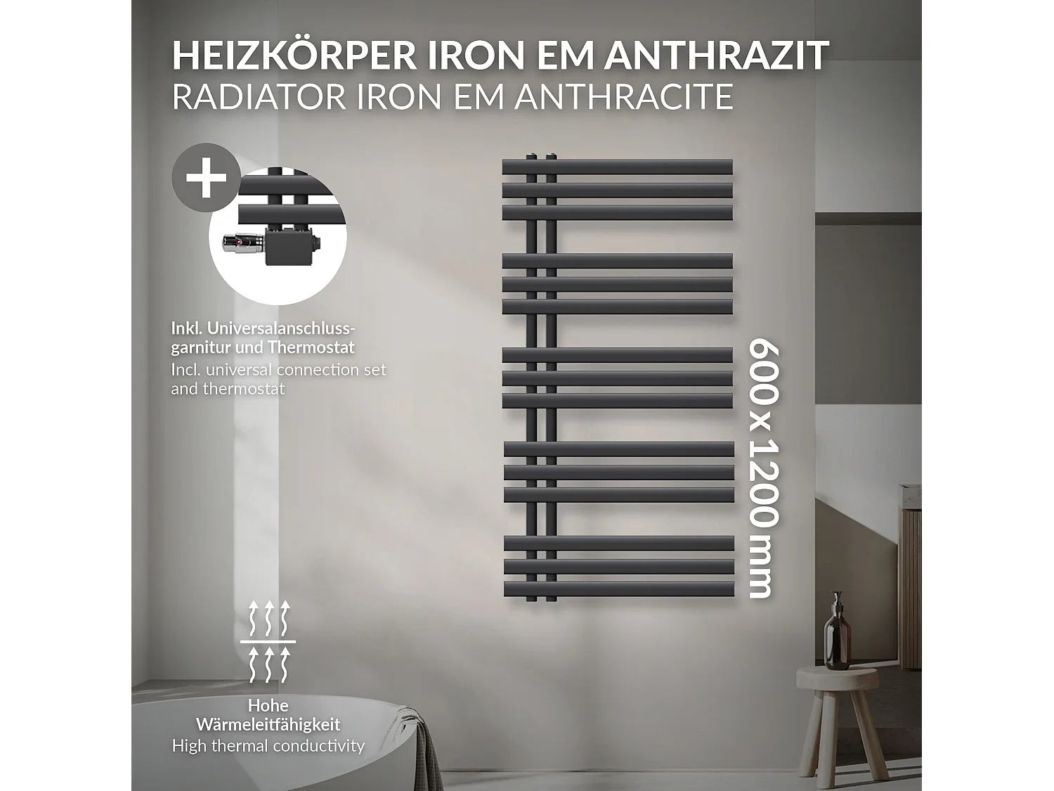 Radiatore Iron EM calorifero termosifone antracite raccordo universale 60x120 cm