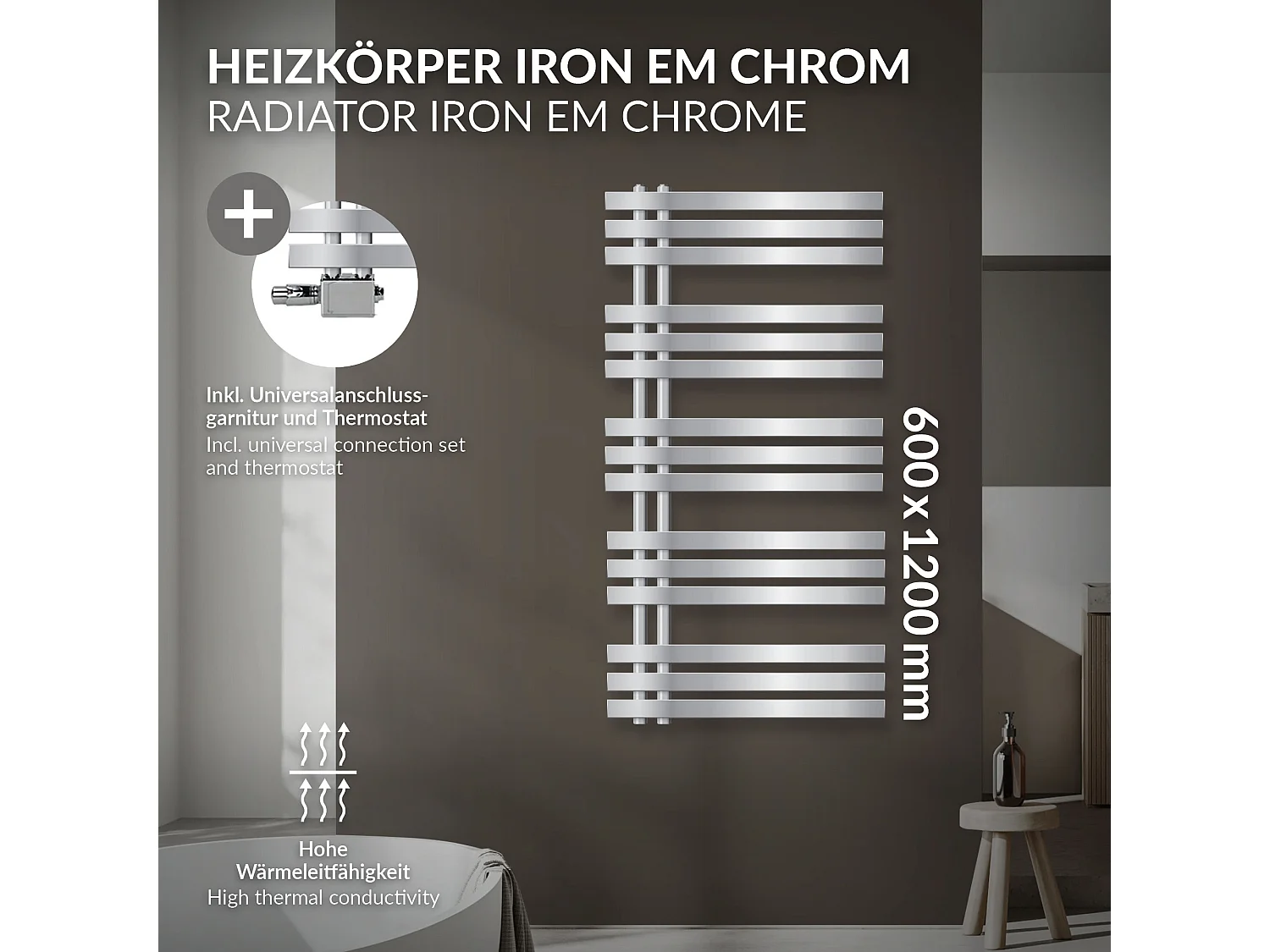 Radiateur sèche-serviettes chrome avec raccordement universel 60 x 120 cm