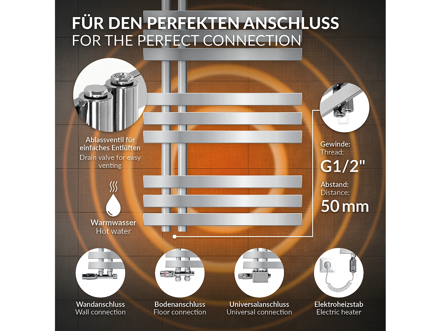 Radiateur sèche-serviettes chrome avec raccordement universel 60 x 120 cm