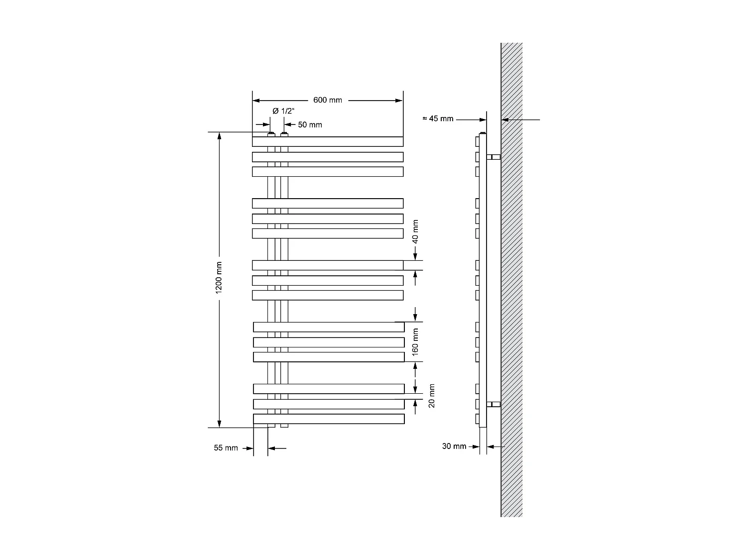 Radiateur sèche-serviettes chrome avec raccordement universel 60 x 120 cm