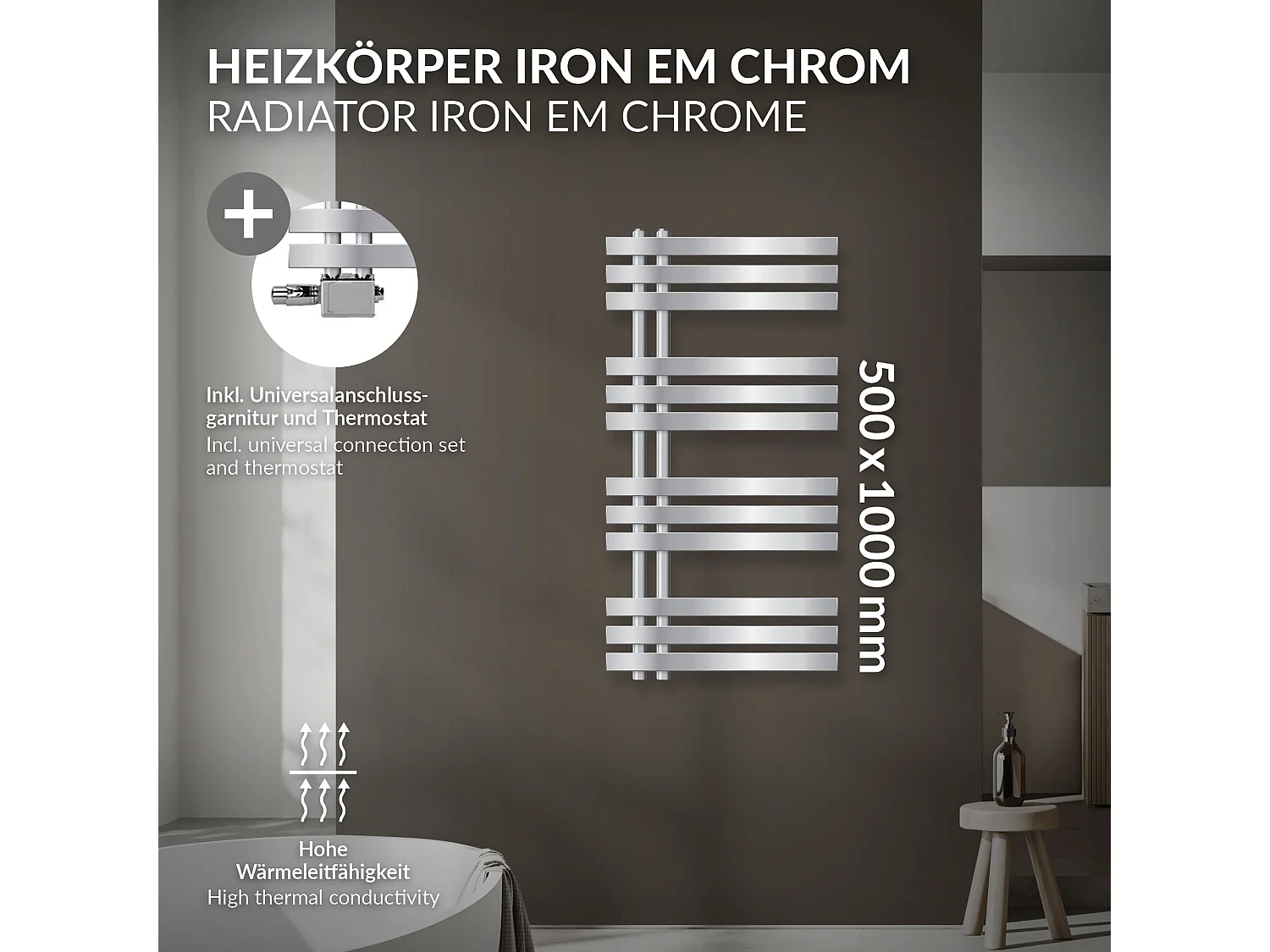 Radiateur de salle de bain Iron EM chrome 50x100 cm garniture de raccord central