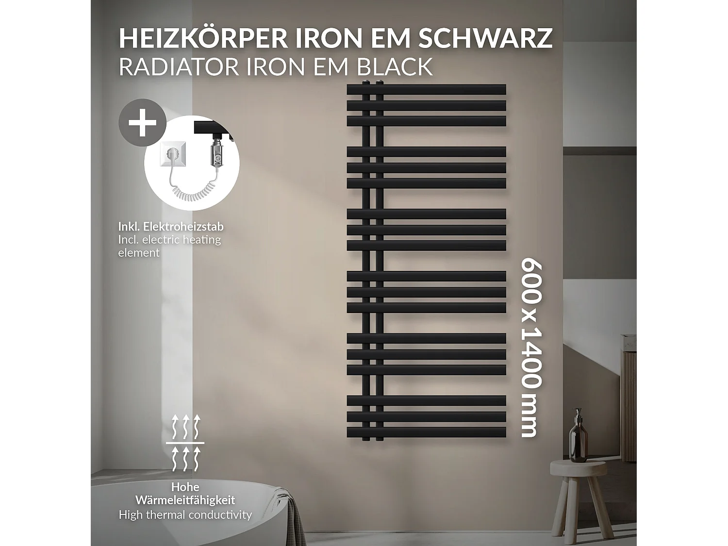 Radiateur design Iron EM noir mat en acier 60x140 cm avec tige chauffante 1200W