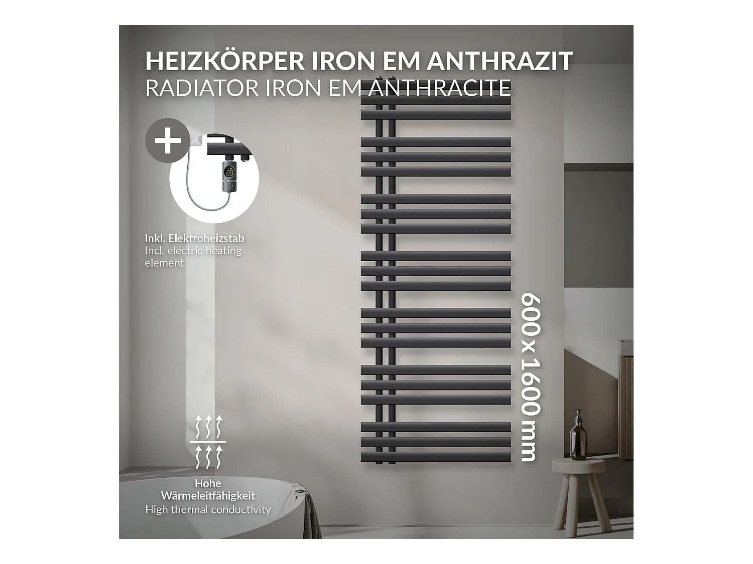 Radiateur design Iron EM anthracite 60x160 cm avec tige élément chauffant 1200 W