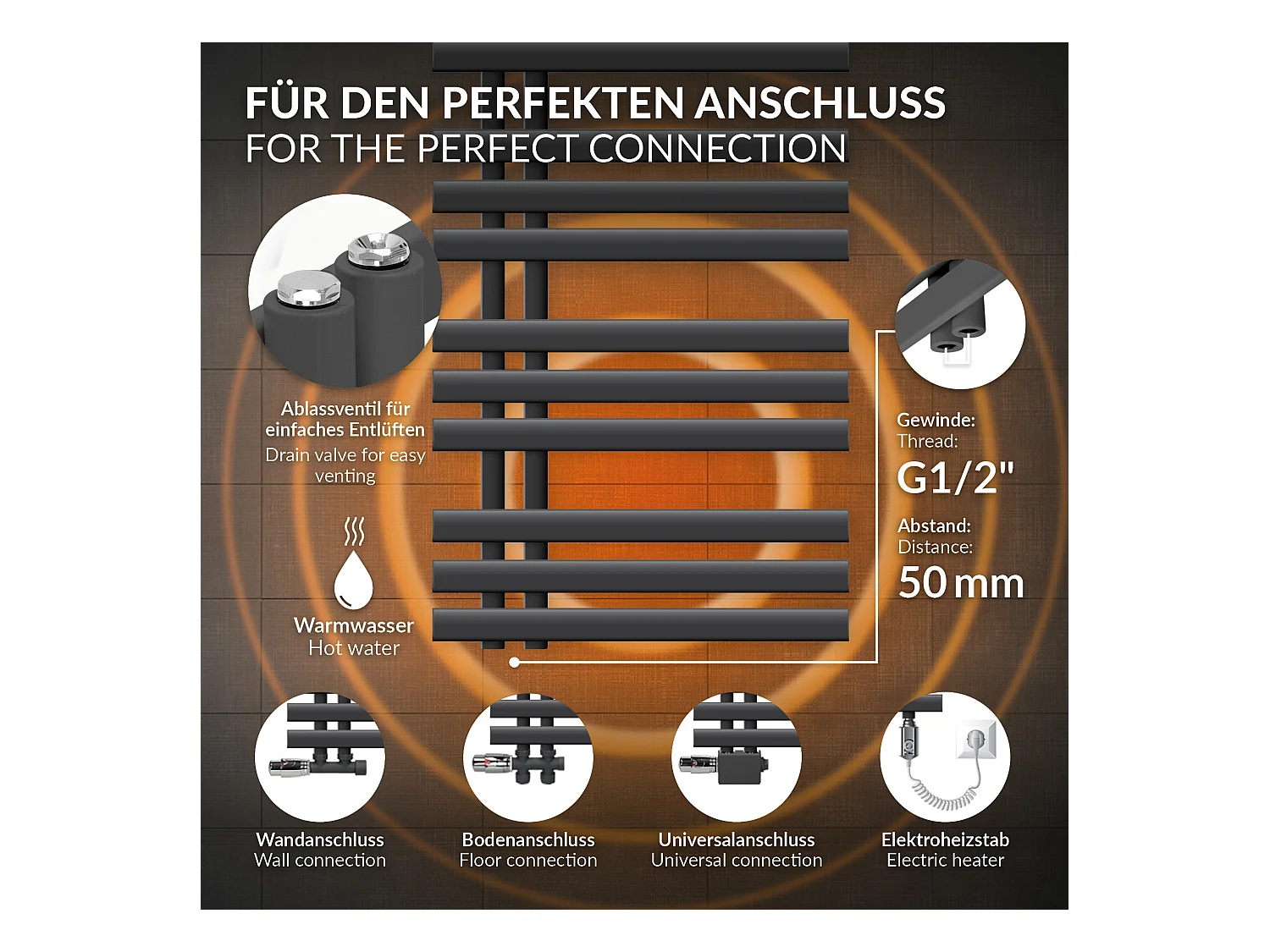 Radiateur design Iron EM anthracite 60x160 cm avec tige élément chauffant 1200 W