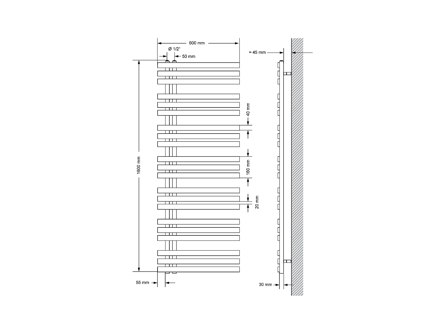 Radiateur design Iron EM anthracite 60x160 cm avec tige élément chauffant 1200 W