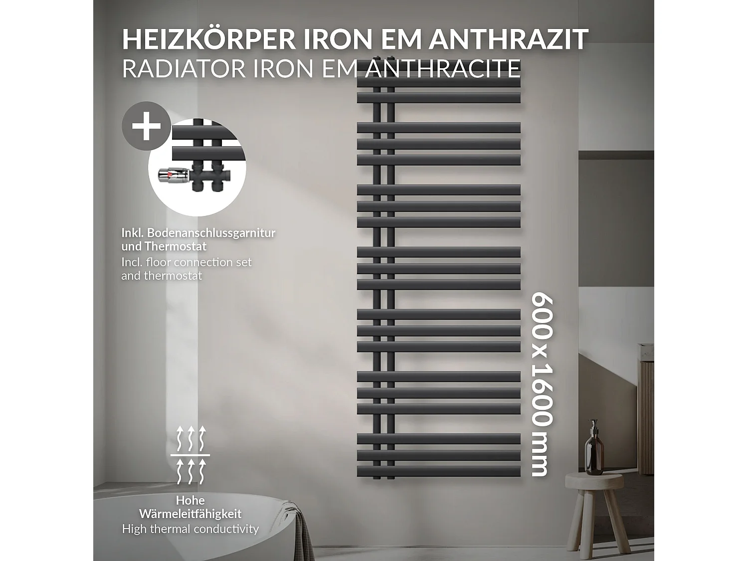 Radiateur salle de bain sèche-serviette anthracite raccordement au sol 60x160 cm