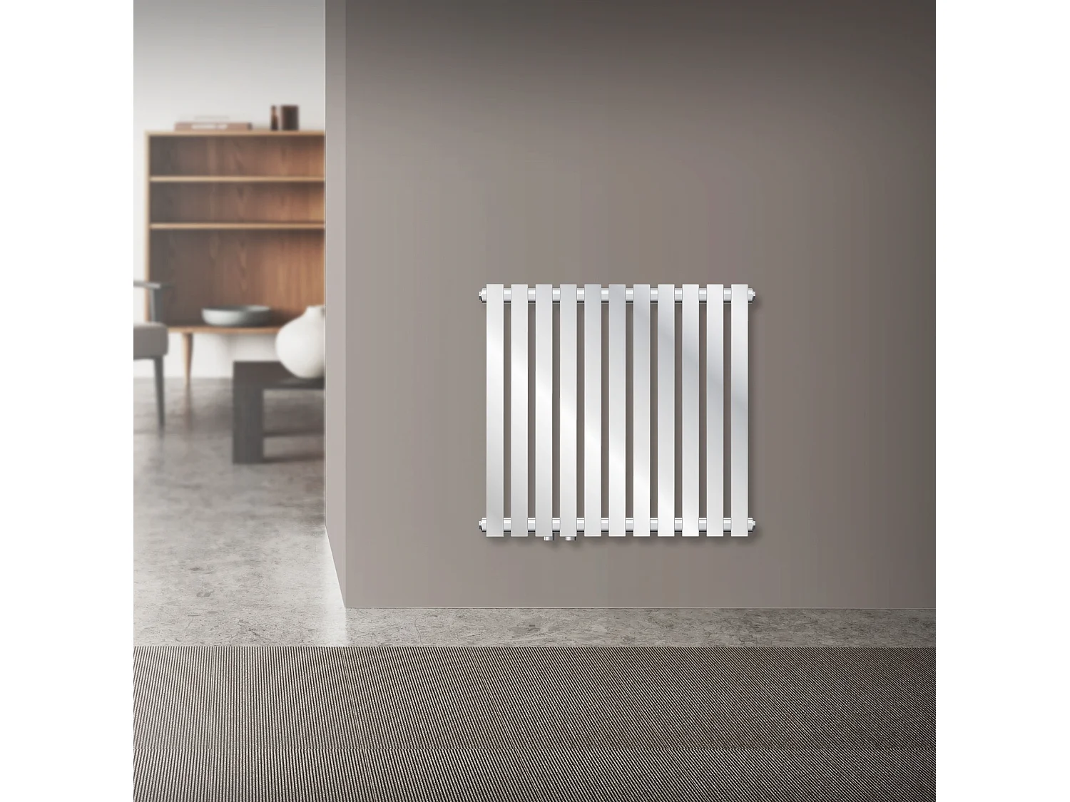 Radiateur de salle de bain horizontal chrome en acier raccord au bas 640x600 mm
