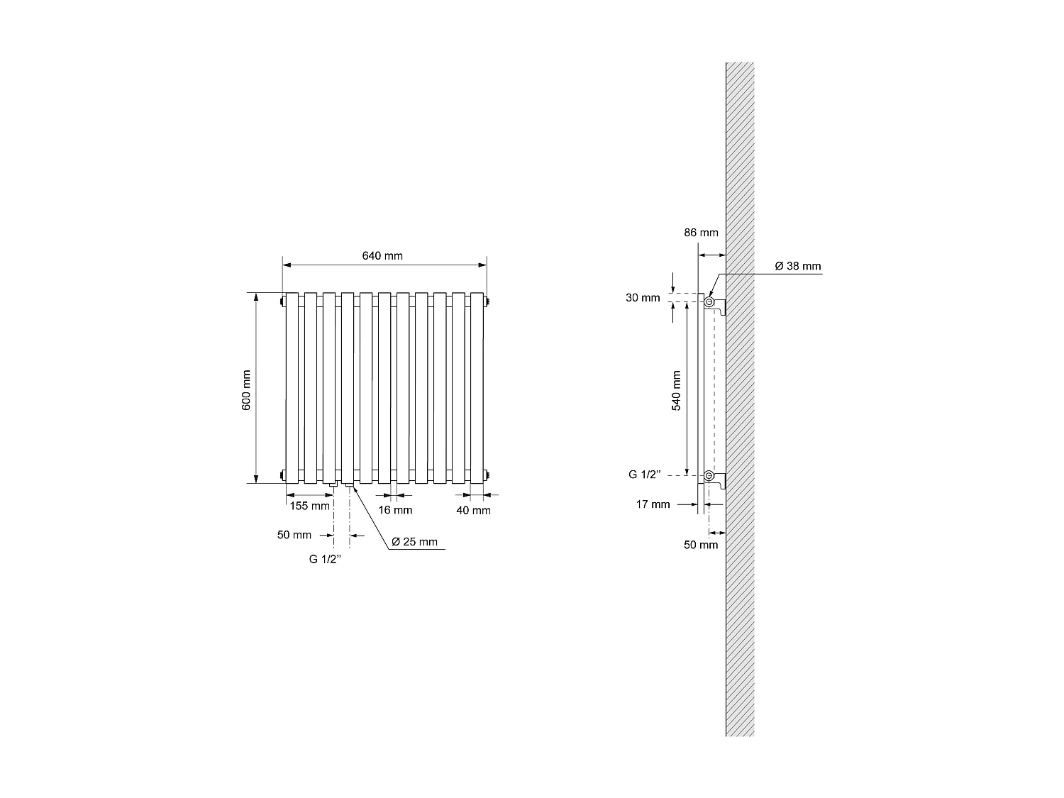 Radiateur de salle de bain horizontal chrome en acier raccord au bas 640x600 mm