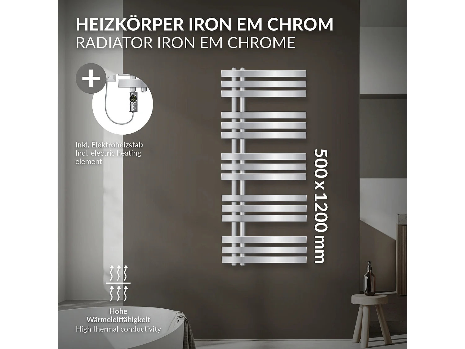 Radiateur sèche-serviettes en acier chrome 50x120cm avec élément chauffant 900W