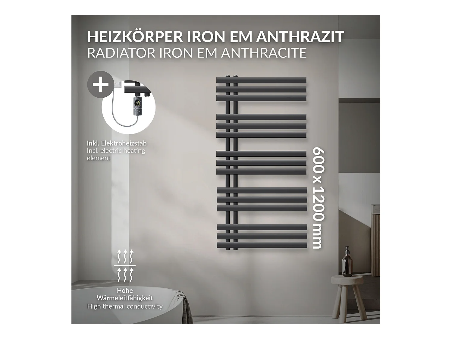Radiateur salle de bain acier anthracite 60x120 cm avec élément chauffant 900W