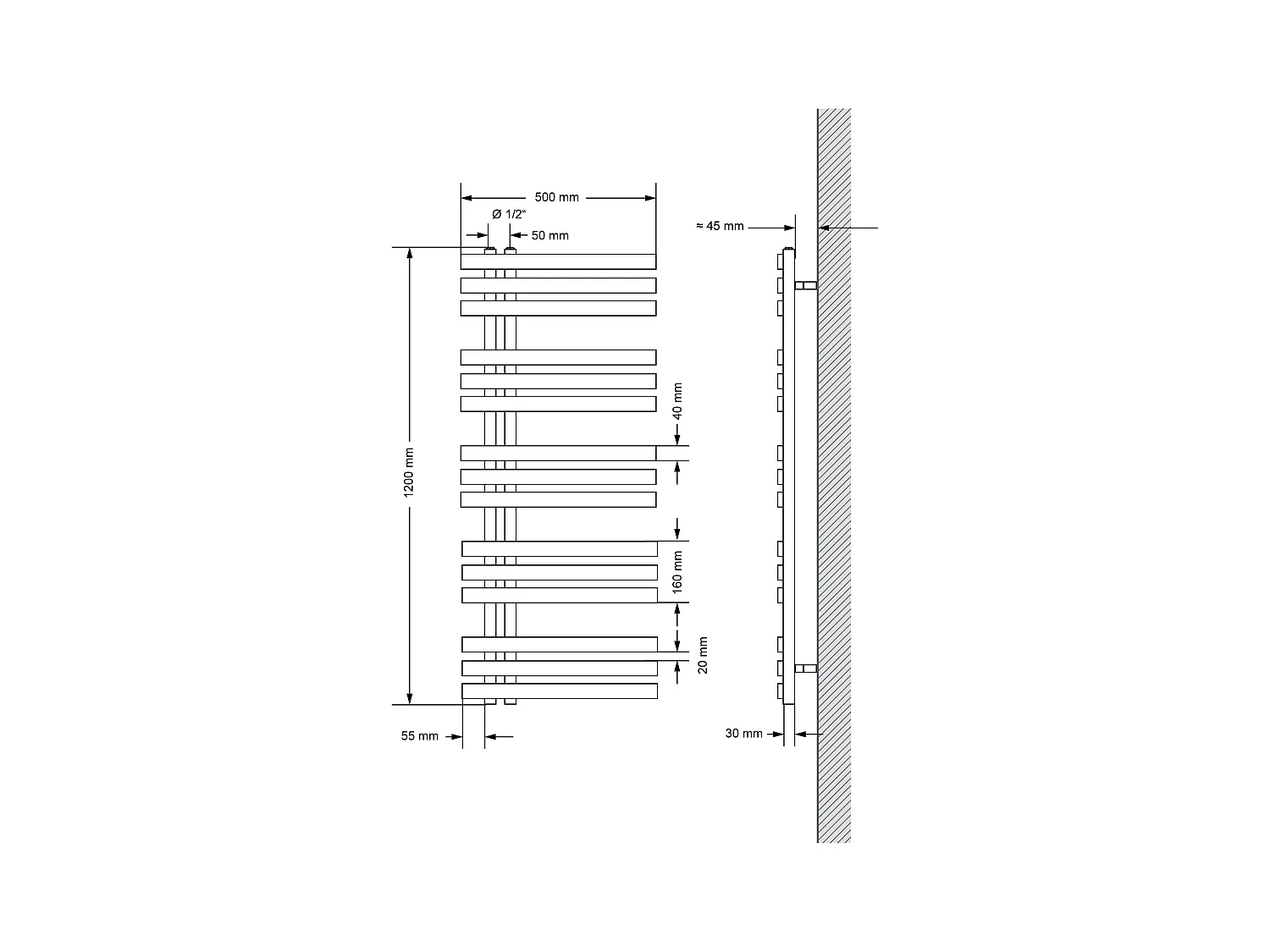 Radiateur sèche-serviettes anthracite raccordement universel 500 x 1200 mm