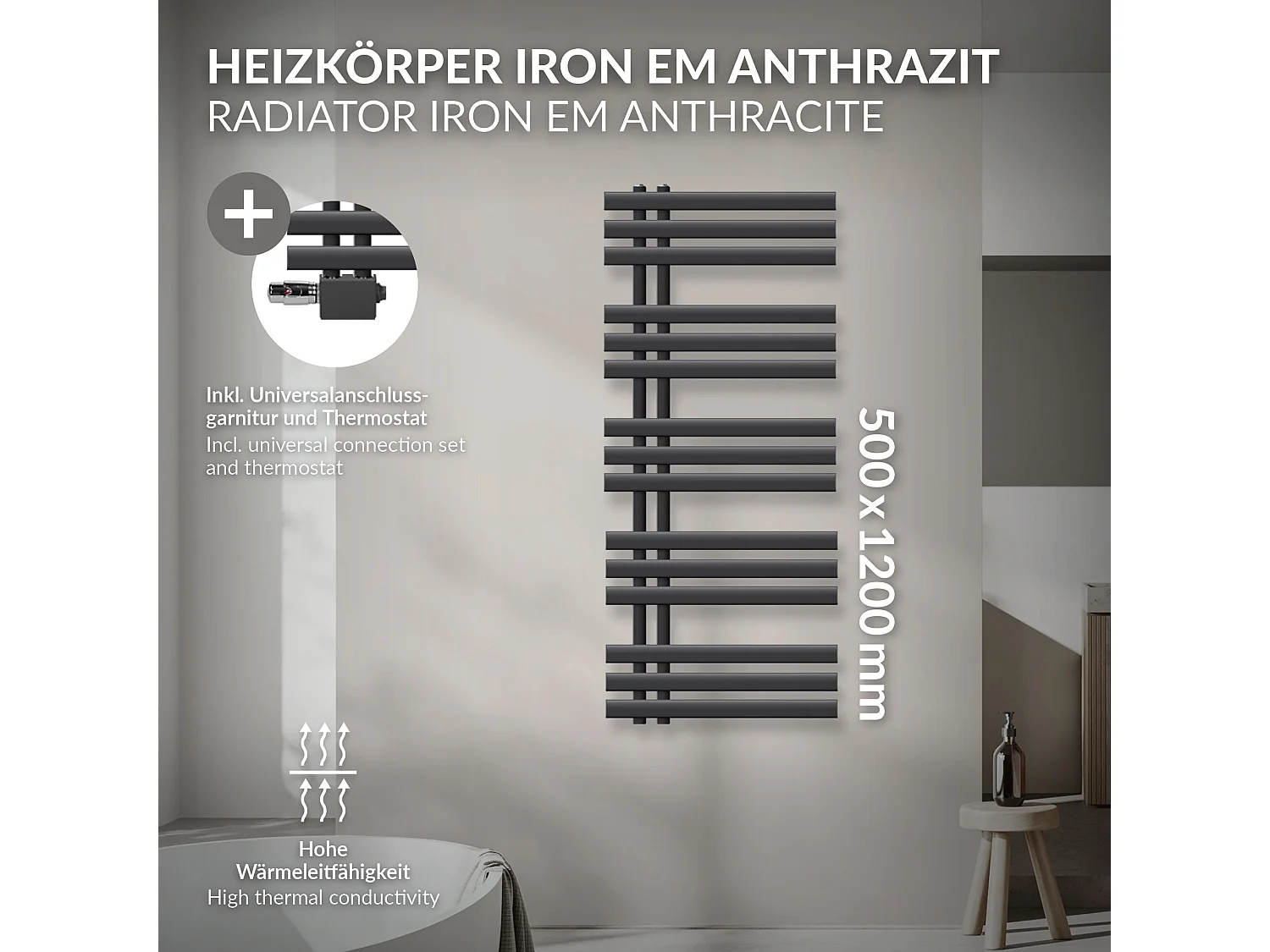 Radiatore Iron EM calorifero termosifone antracite raccordo universale 50x120 cm