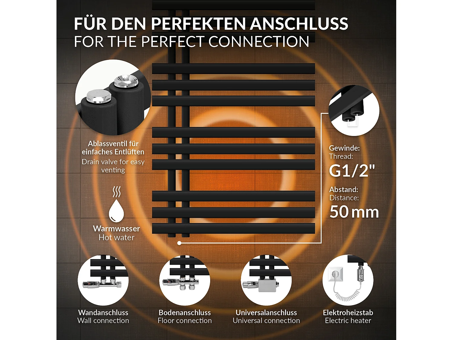 Radiateur de salle de bain acier mat noir 60x140cm avec élément chauffant 1200W
