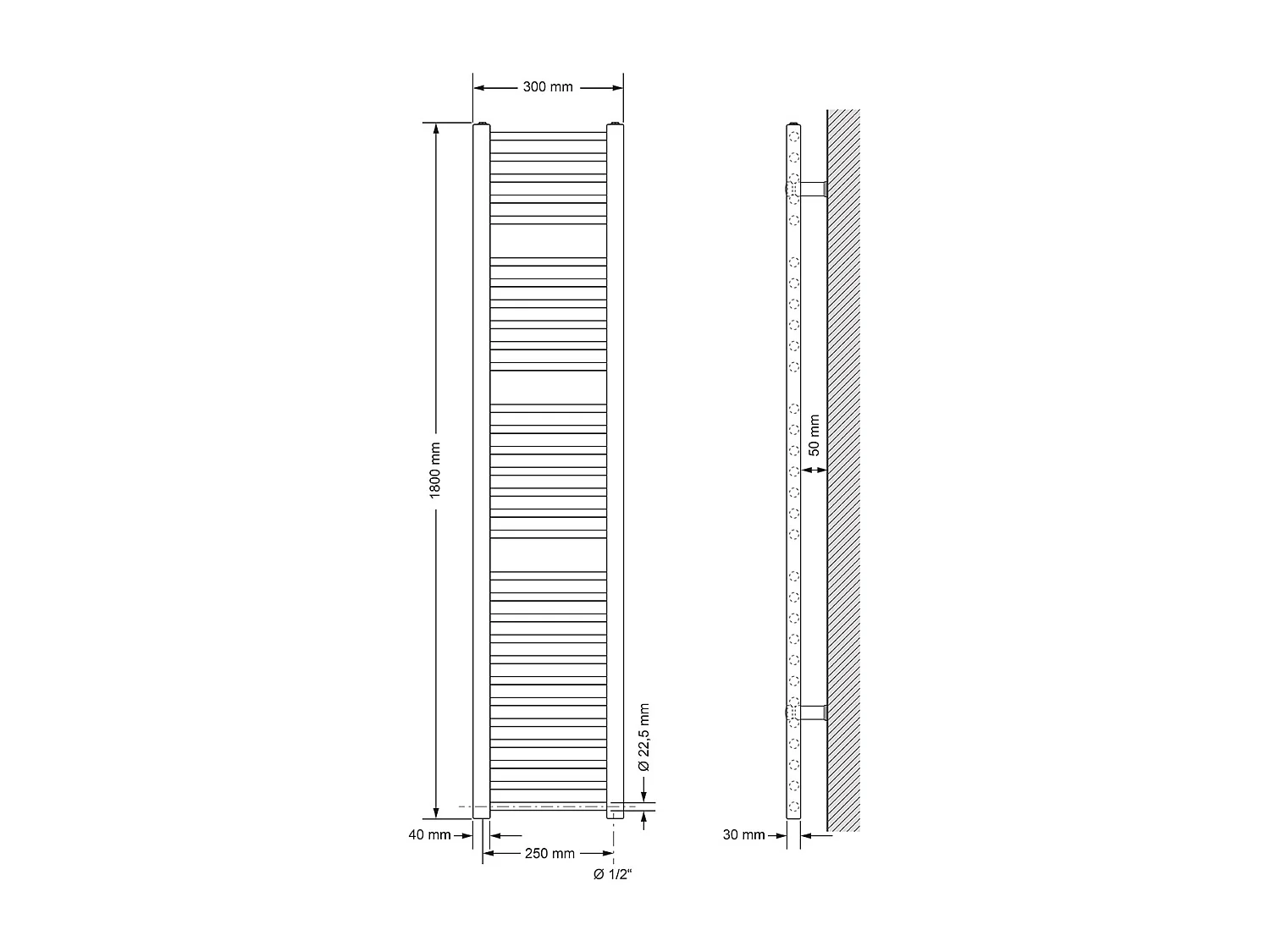 LuxeBath Radiateur Électrique de Salle de Bain Sahara 300x1800 mm Blanc Raccord Latéral Droit Elément Chauffant 900W