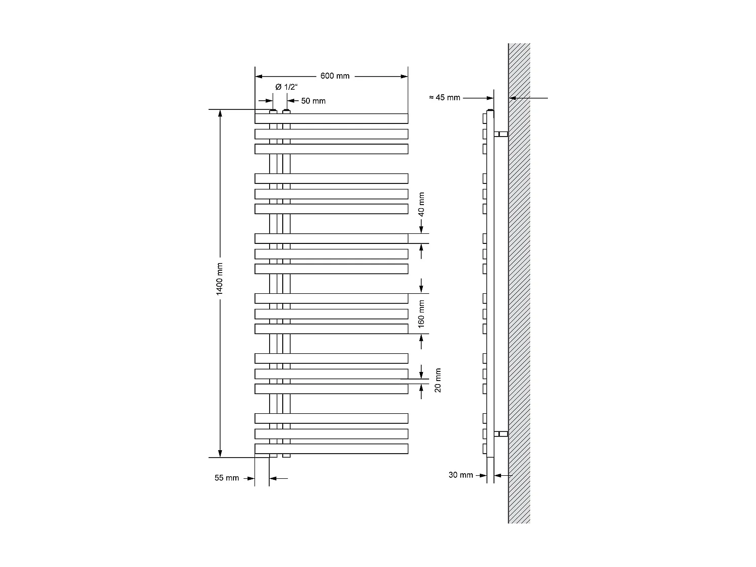 Radiateur design Iron EM noir mat en acier 60x140 cm avec tige chauffante 900W