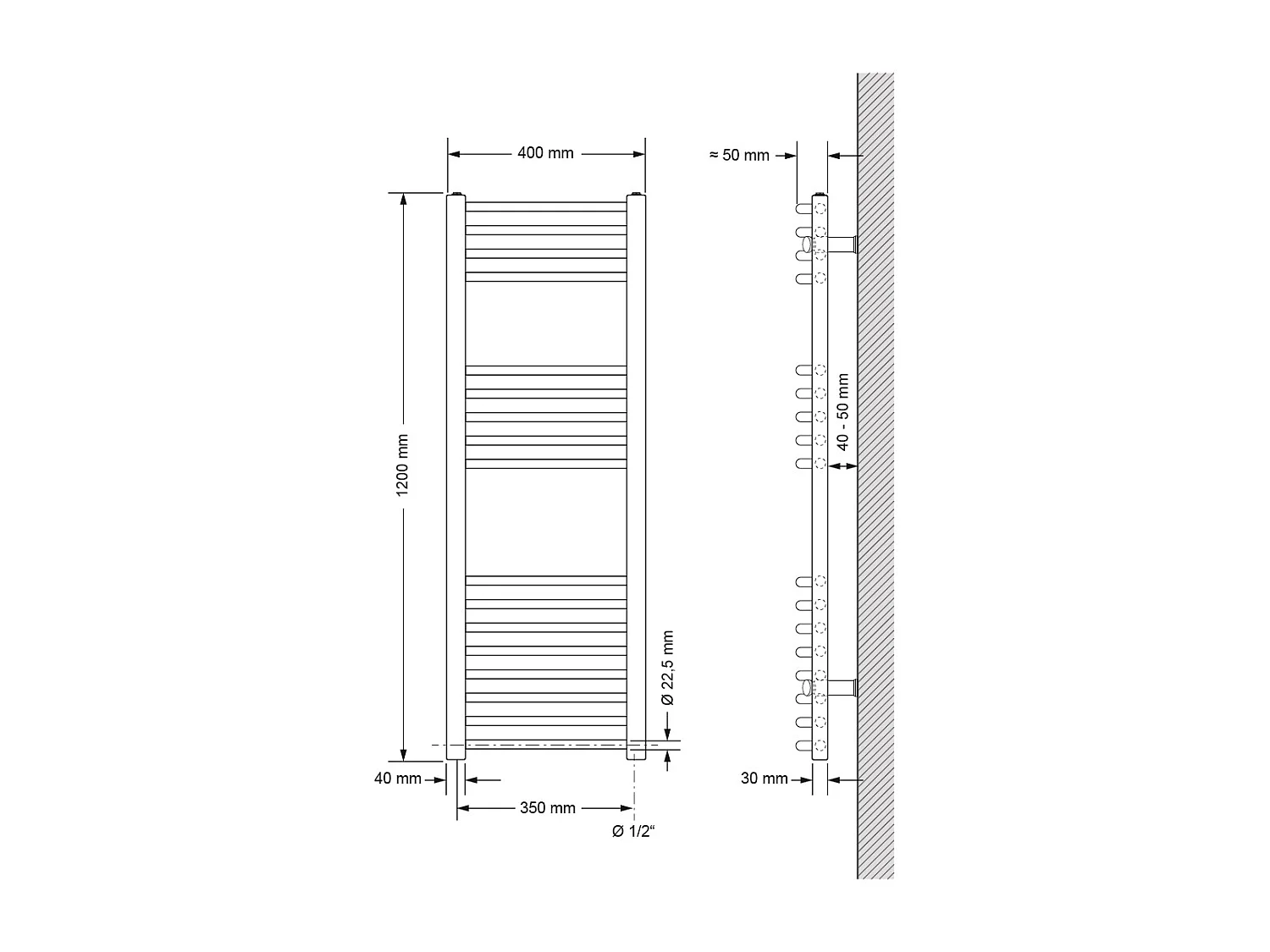 Radiatore elettrico per bagno LuxeBath Sahara 400x1200mm Bianco Elemento riscaldante con attacco laterale curvo 1200W