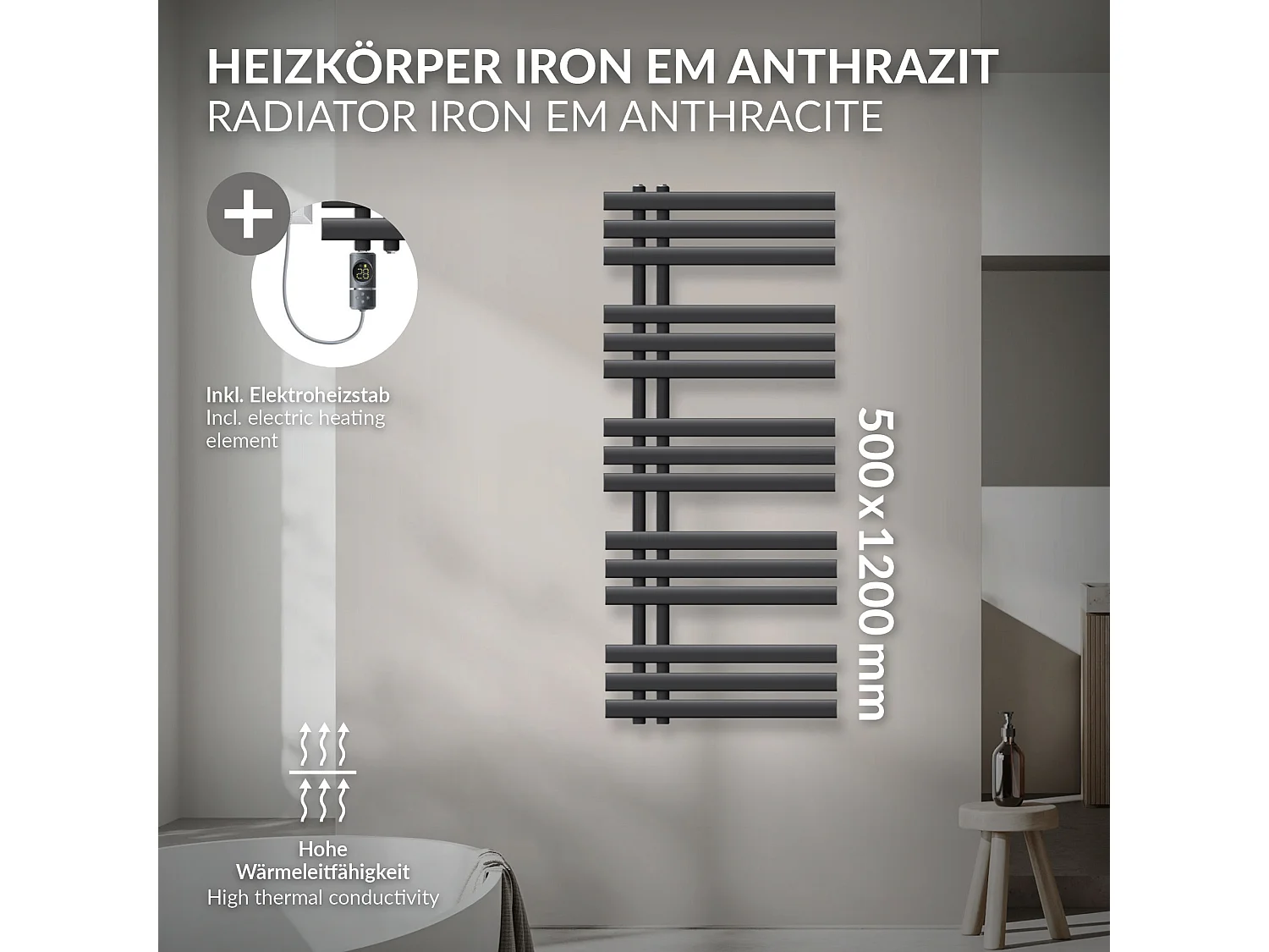 Radiateur sèche-serviettes en acier anthracite 50x120cm élément chauffant 1200W
