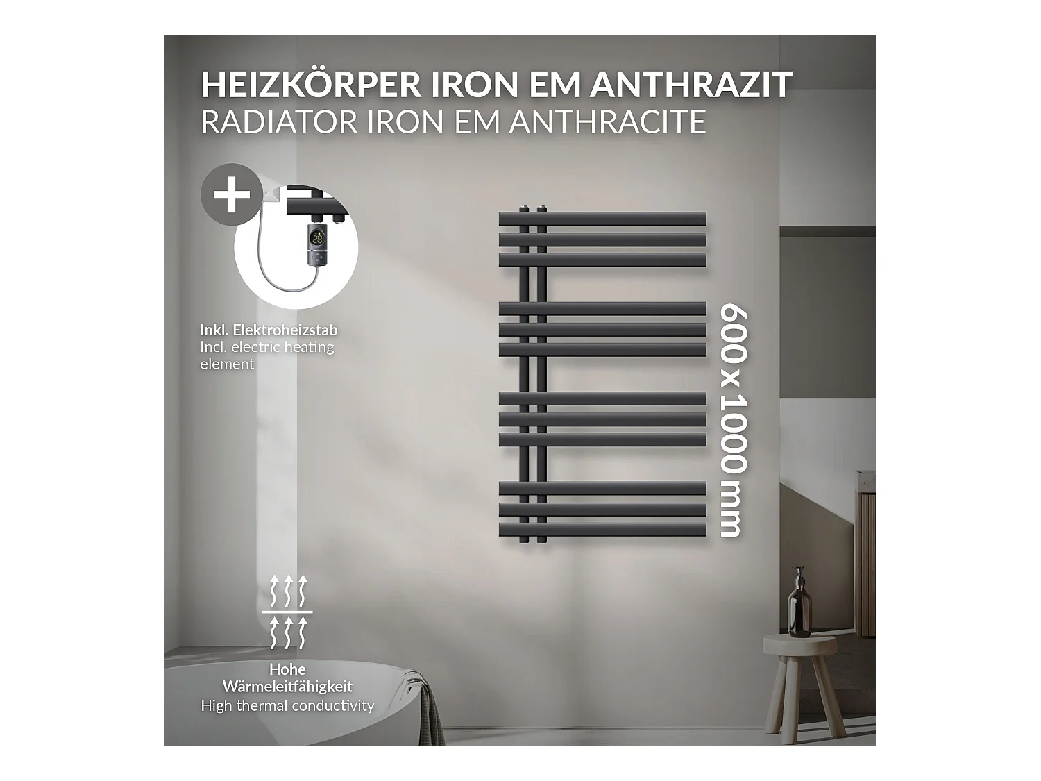 Iron EM radiateur sèche-serviettes anthracite 60x100 cm élément chauffant 600W