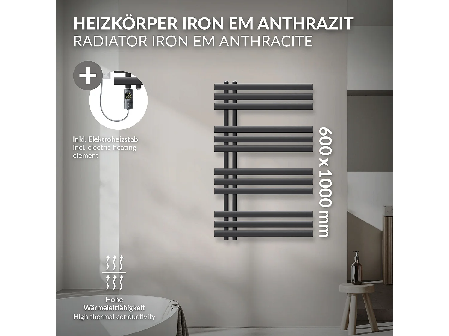 Radiador toallero eléctrico antracita 600 x 1000 mm con elemento calefactor 600W