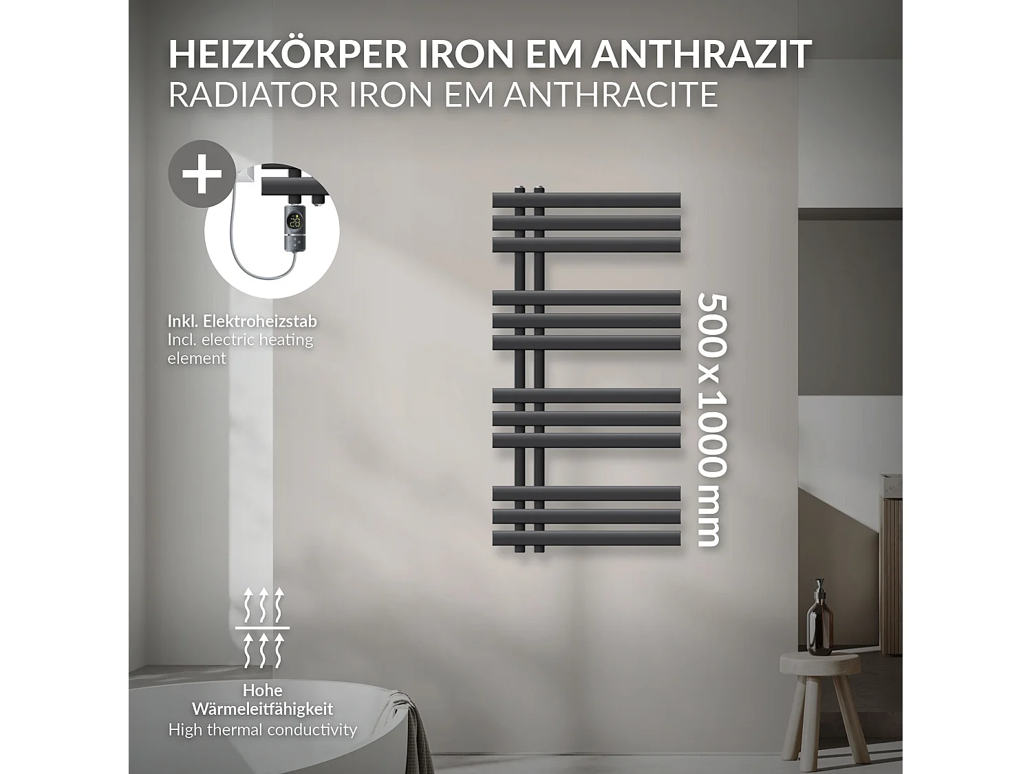 Radiador toallero eléctrico antracita 500 x 1000 mm con elemento calefactor 600W